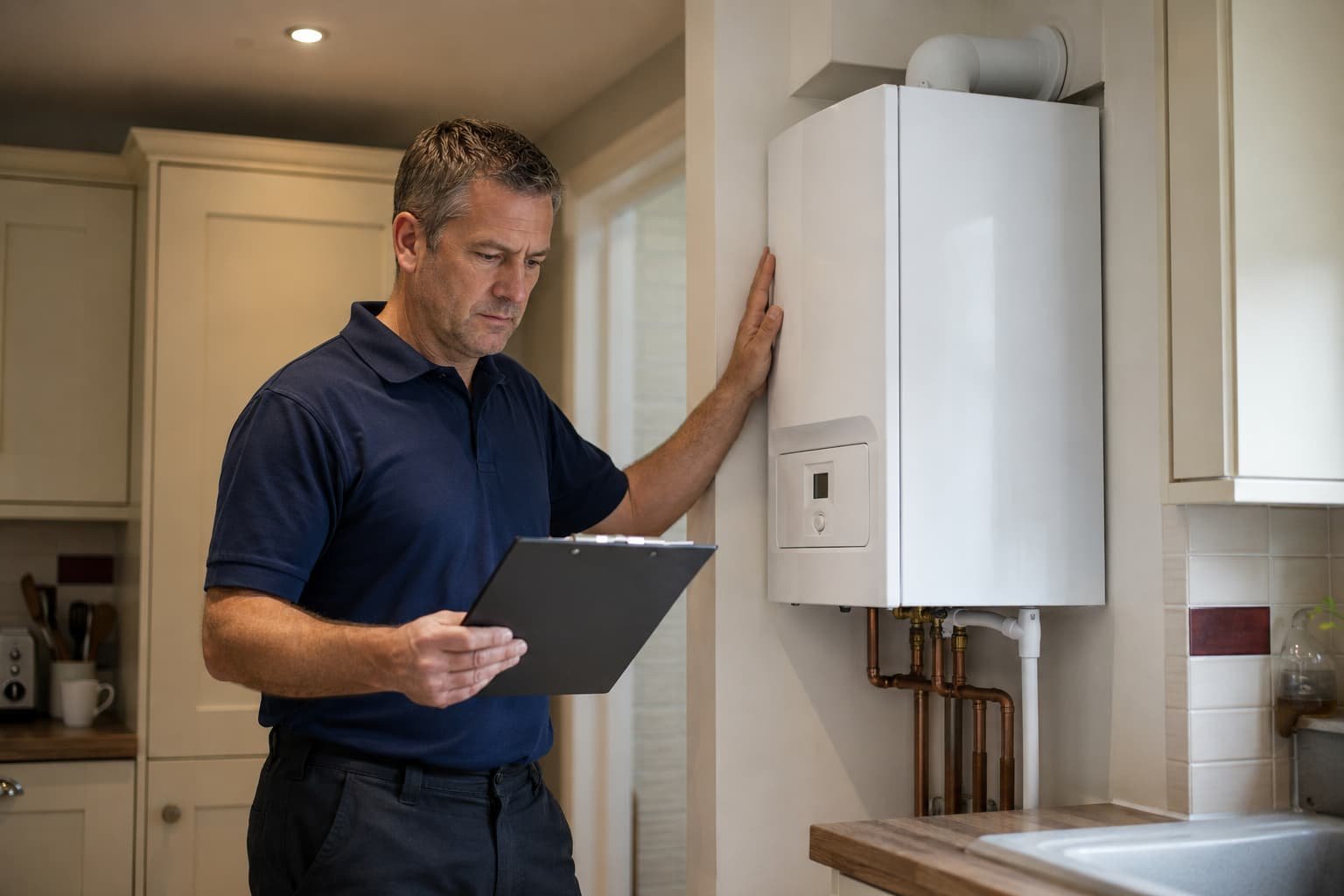 Boilers Doncaster Gas Safe engineer at a wall mounted combi boiler
