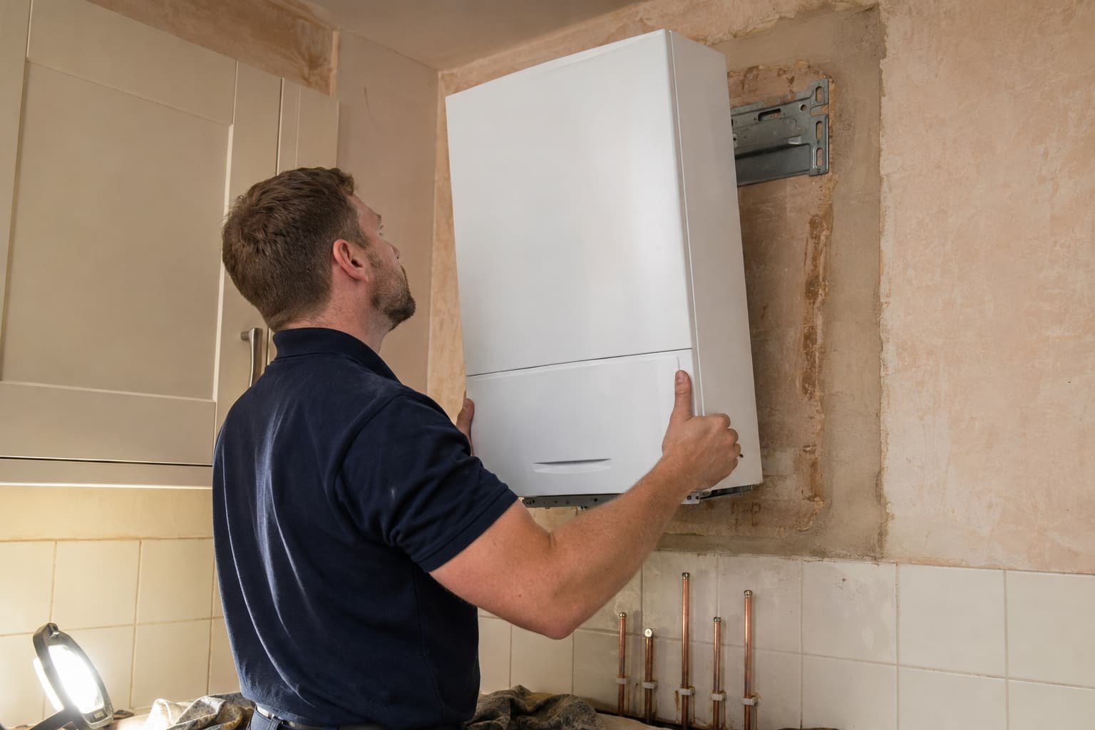 Boiler installation engineer fitting a new combi boiler in Doncaster