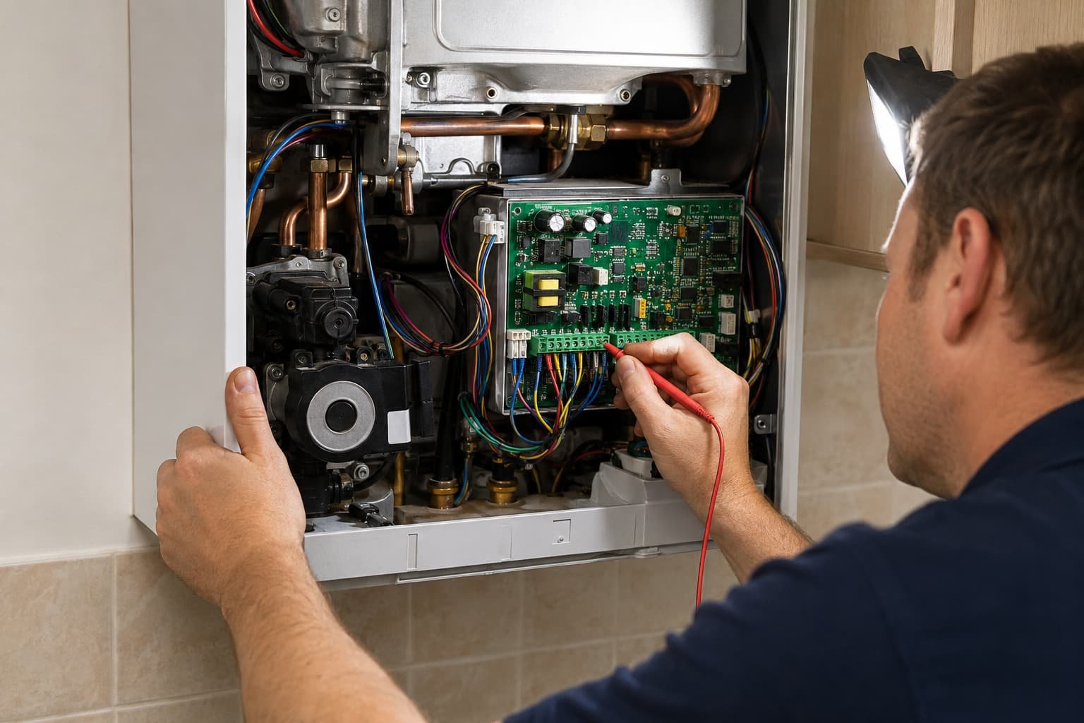 Boiler repair engineer testing internal boiler components in Doncaster