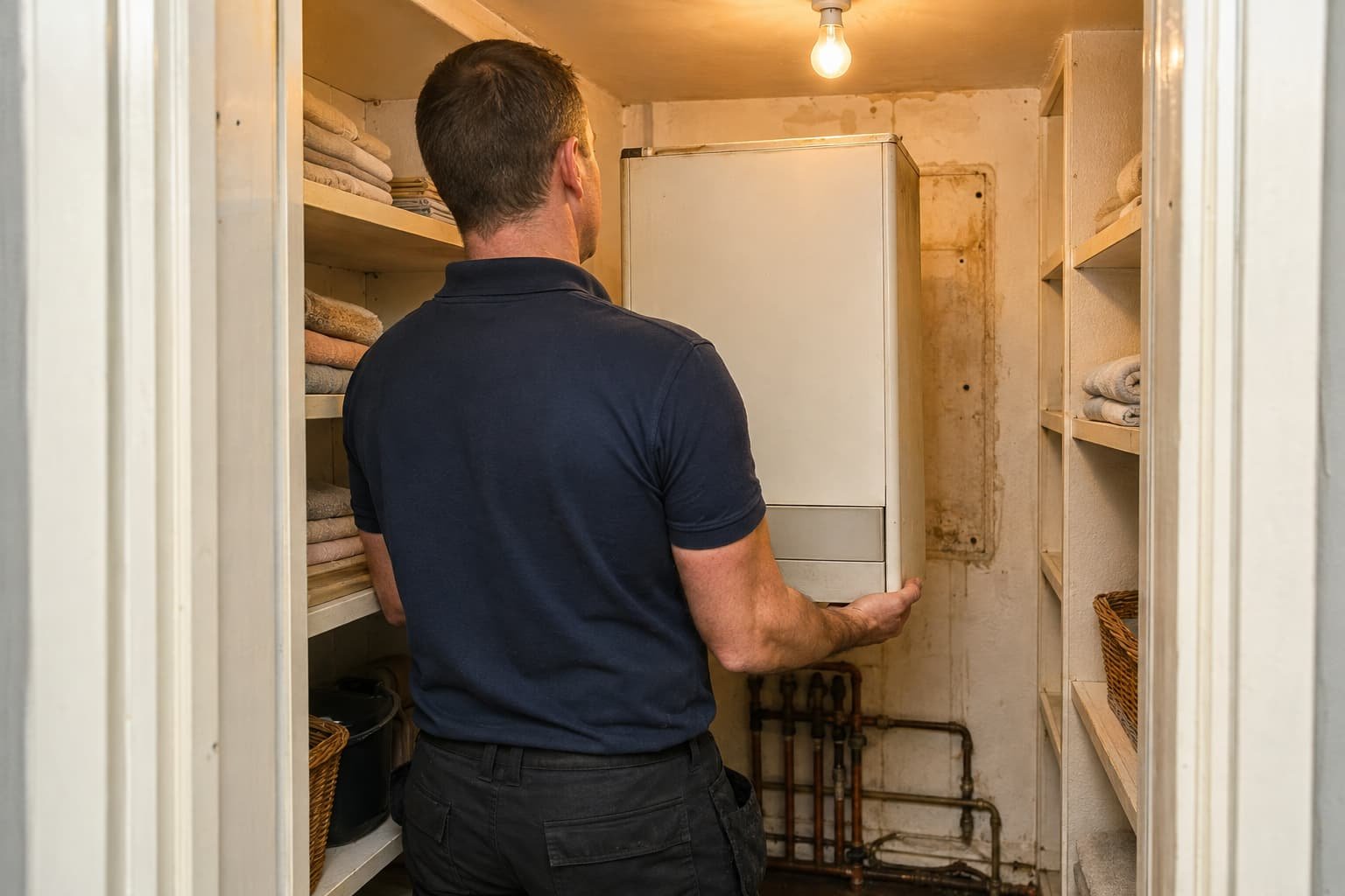Boiler replacement removing an old wall mounted boiler in Doncaster