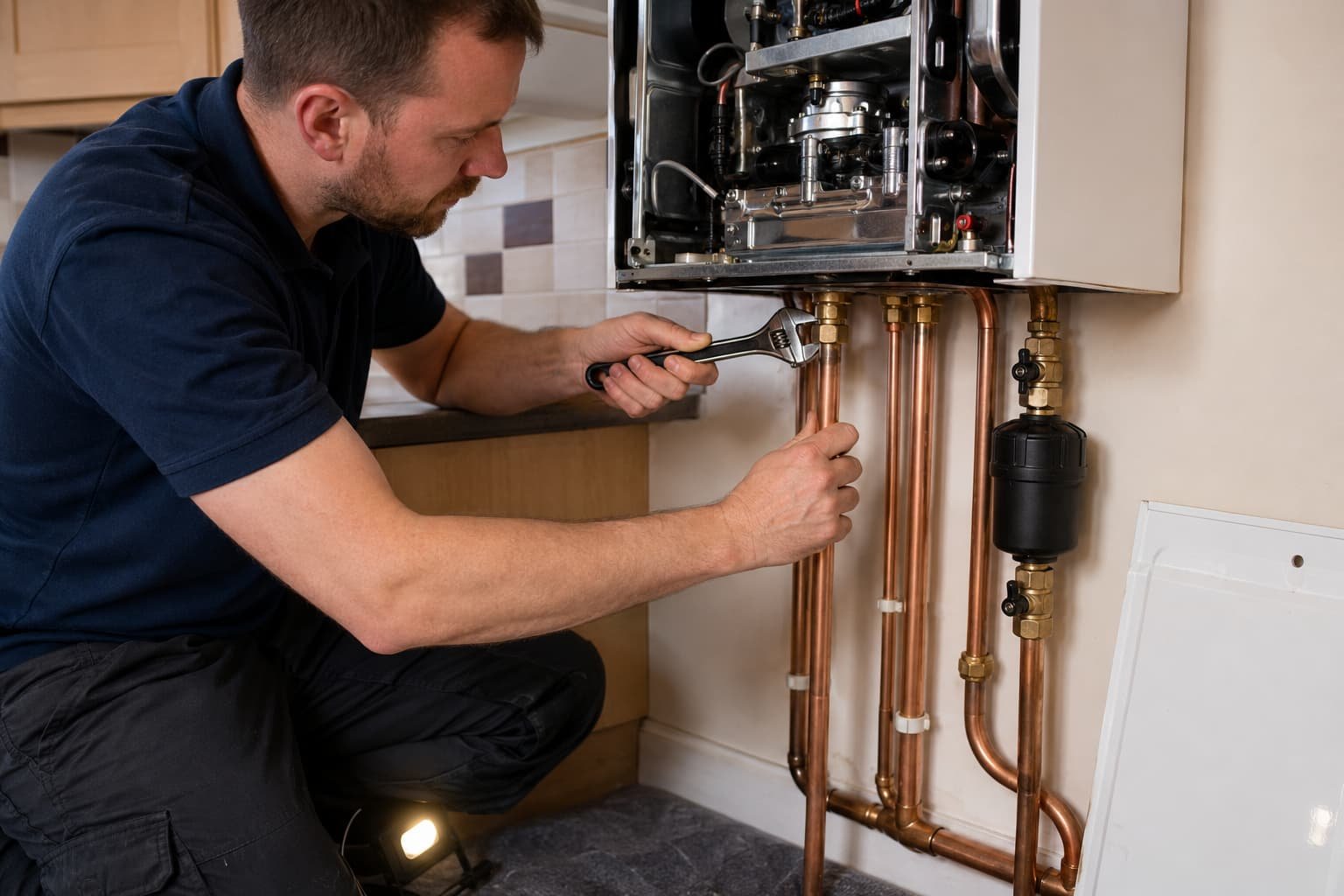Combi boiler installation pipework being connected in Doncaster